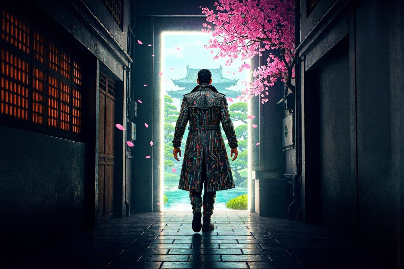 Cyberpunk Detective Emerges from Portal into Zen Garden