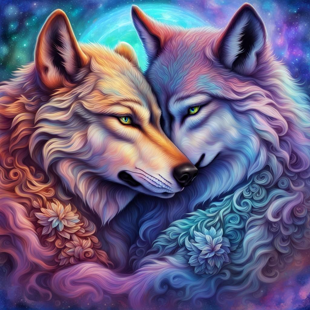 male and female wolf lovingly nuzzling each other