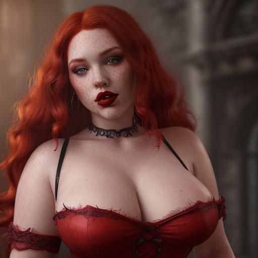 Redhead in Red Gown: Detailed Fantasy Art