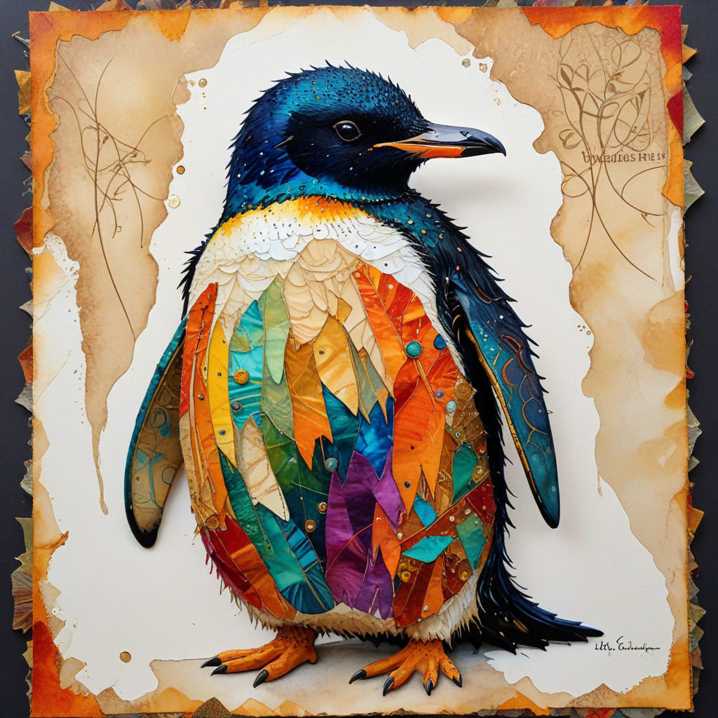 Enchanted Penguin in Vibrant Mixed Media
