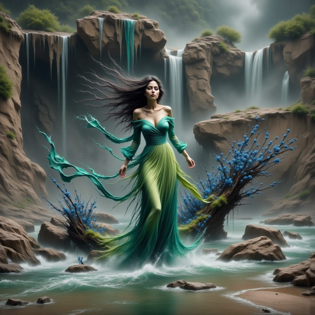 Blonde Eurydice Singing Under a Colorful Waterfall