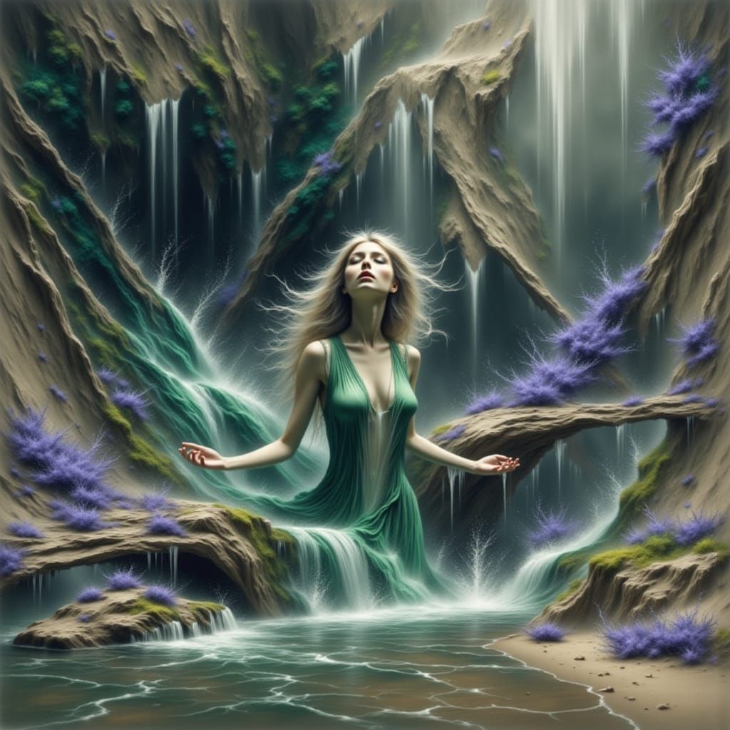 Blonde Eurydice Singing Under a Colorful Waterfall