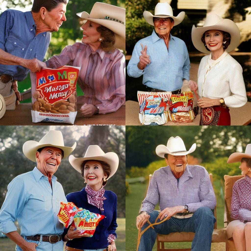 President Ronald Reagan and Nancy Reagan dressed in Western shirts and cowboy hats sharing a bag of M &M's. Very realist...