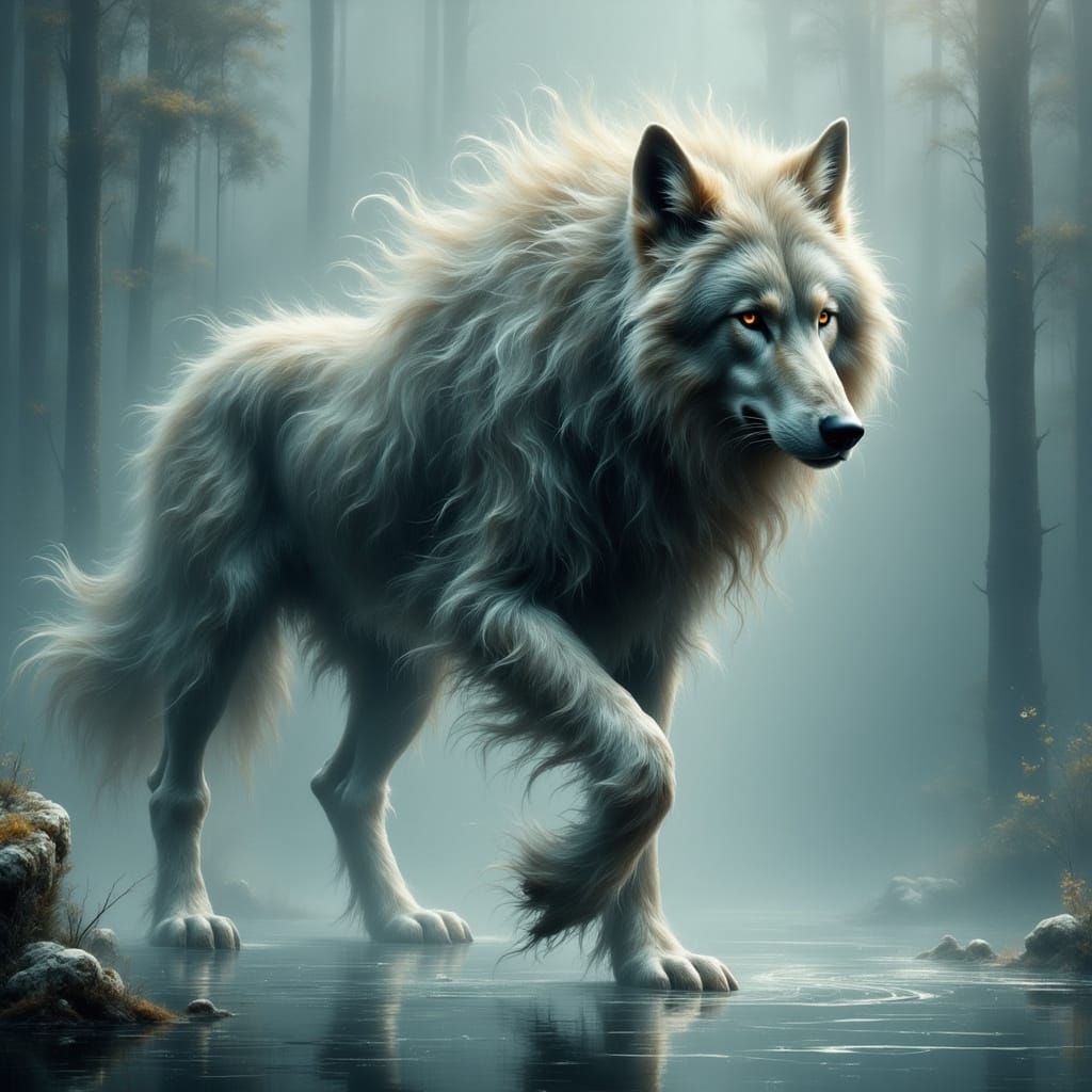 Majestic Dire Wolf Emerges from Crystal Lake in Dark, Mystic...