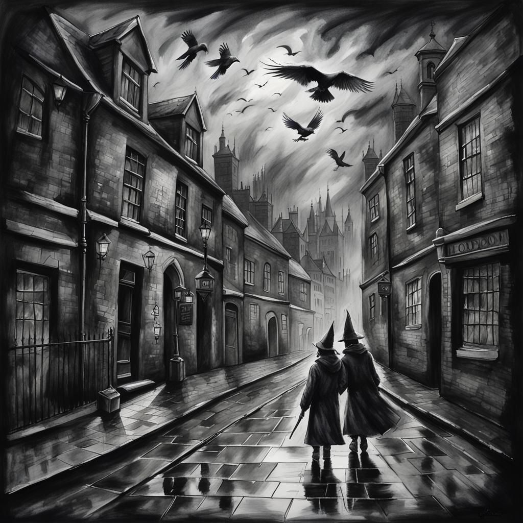 Sinister Wizards Duel in Dark London: Watercolor Art