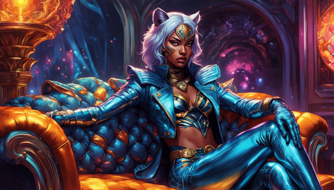 Tigerwoman on Luxury Couch in Crystalpunk Style