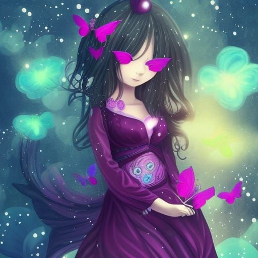 Anime Ninja Girl in Flower Dress with Butterflies