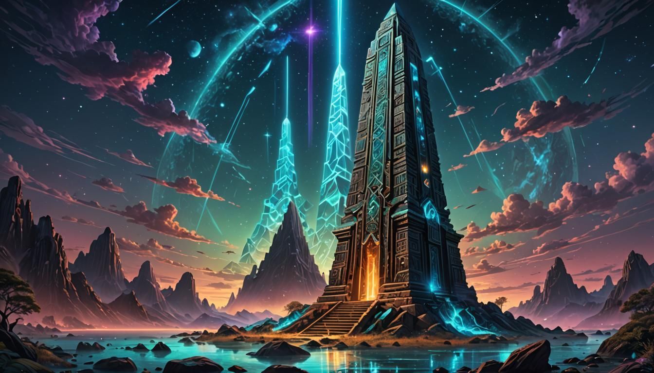 Bioluminescent Ancient Obelisk in Psychedelic Digital Art