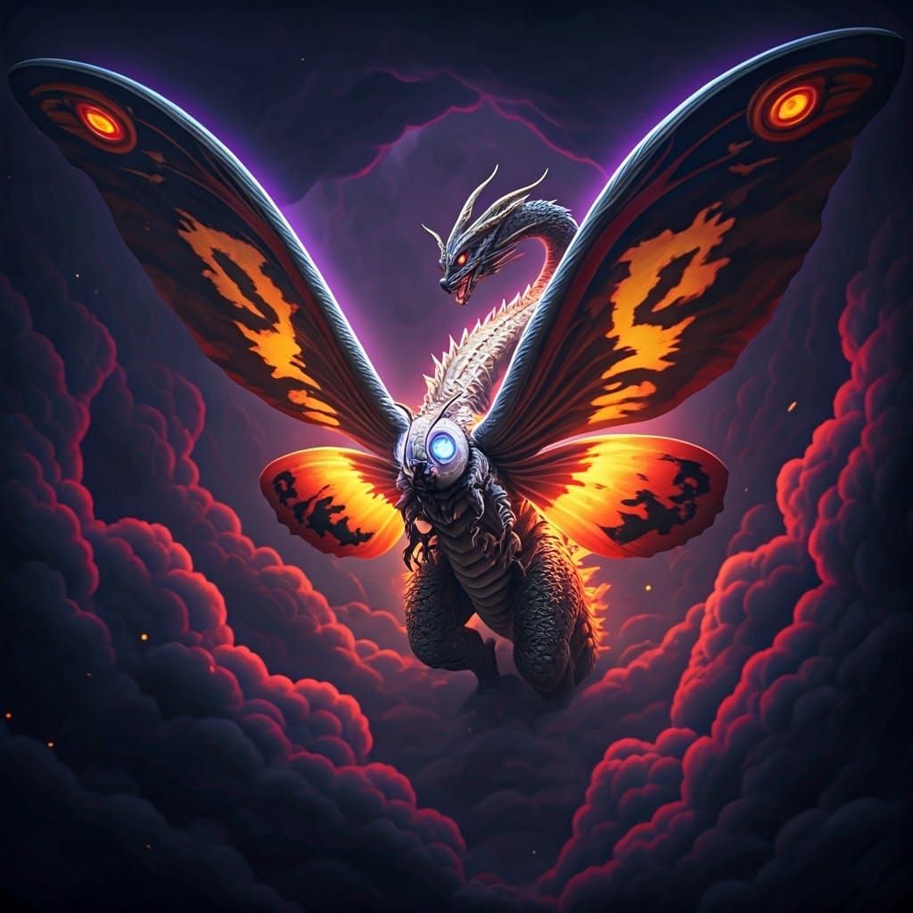 Mothra and Godzilla's Bioluminescent Dance: Art Nouveau Styl...