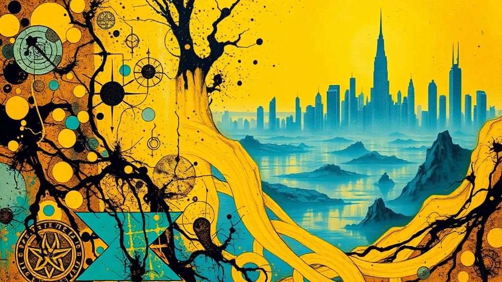 Abstract Sci-Fi Cityscape in Neon Yellows and Aqua