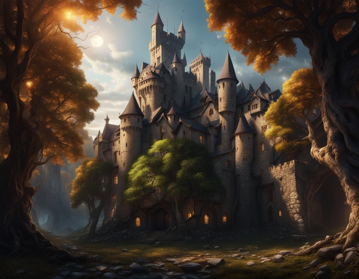 Dark Fantasy: Tree and Castle Fusion in 8K