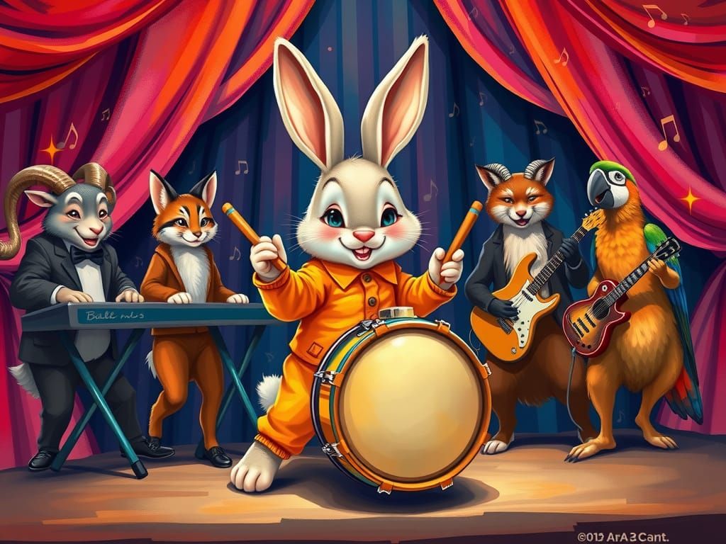 Whimsical Animal Band on Stage as Impressionist Painting