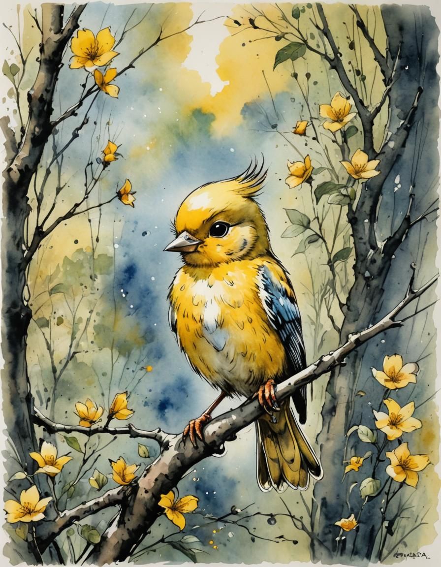 Tweety Bird Watercolor Art in a Dreamy Italian Style