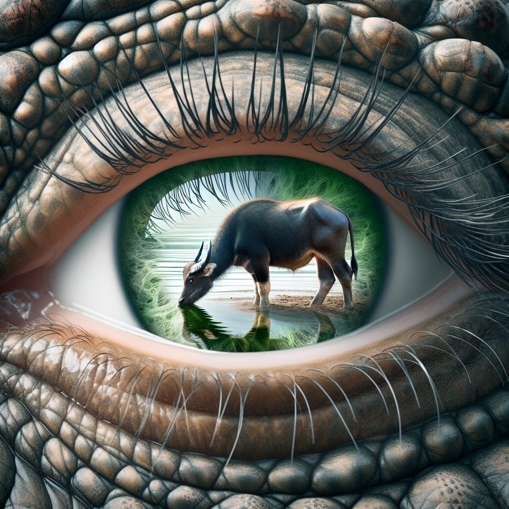 Hyper-Realistic Crocodile Eye with Buffalo Double Exposure