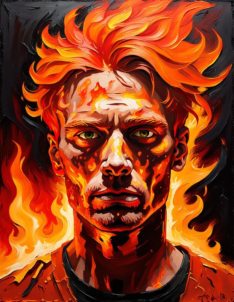 Fiery Pyromaniac Portrait in Impasto Style