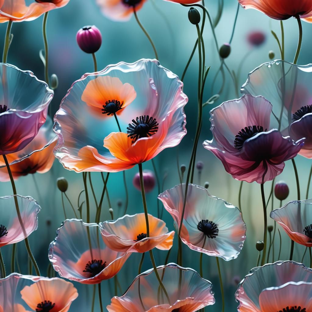 Closeups of translucent flower petals made of jelly