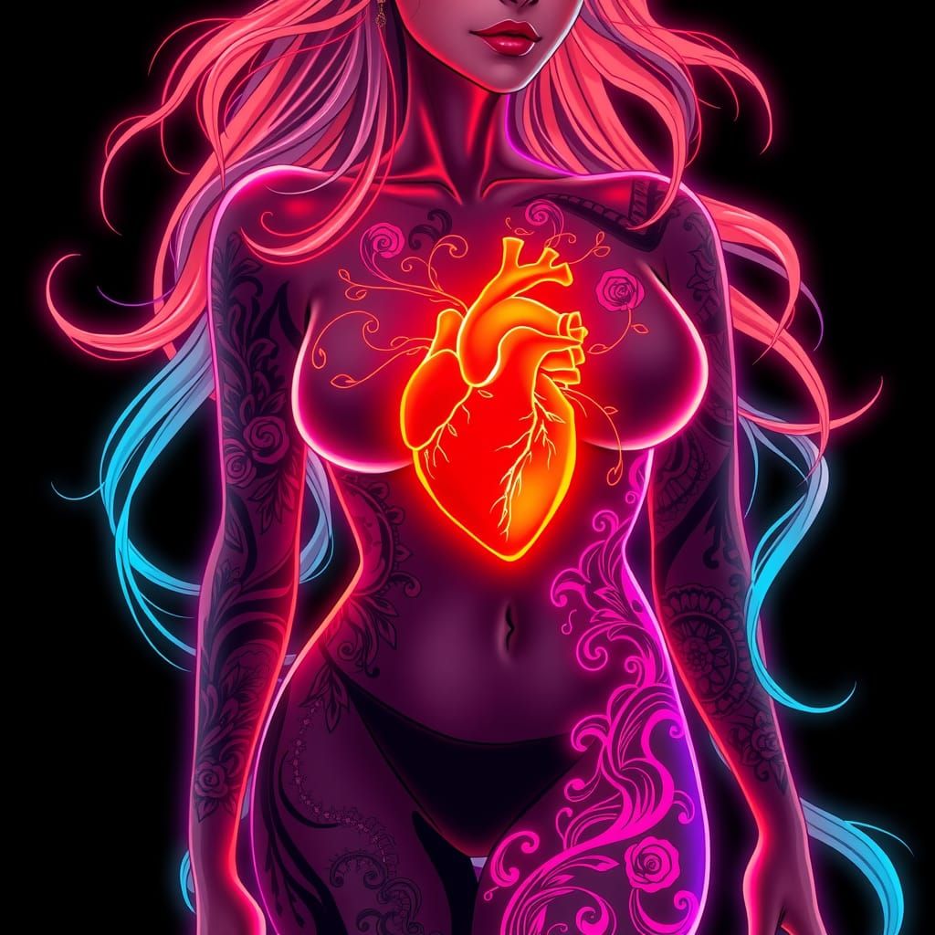 Neon Woman with Glowing Heart in Cyberpunk Style