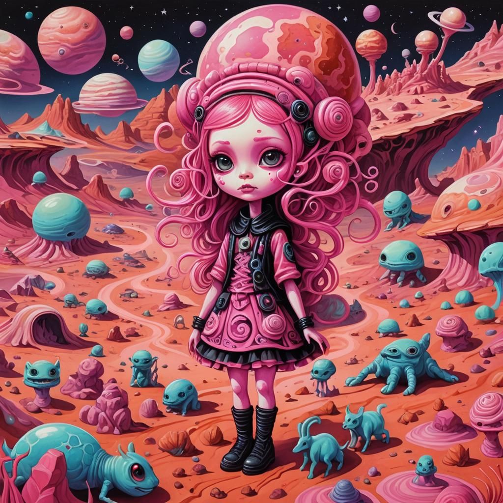 Goth Pink Alien Girl on Mars in Gouache Style