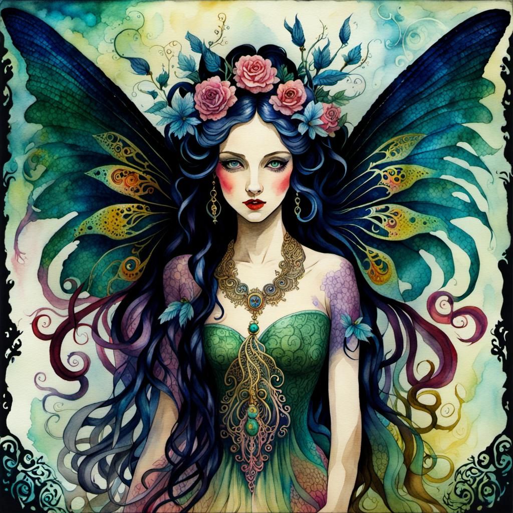 Rococo Lovecraftian Fairy with Lace Wings in Watercolor