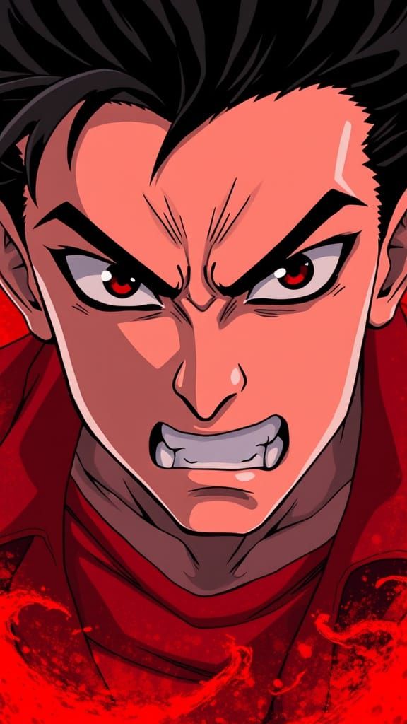 Angry Anime Boy in Fiery Red Illustration