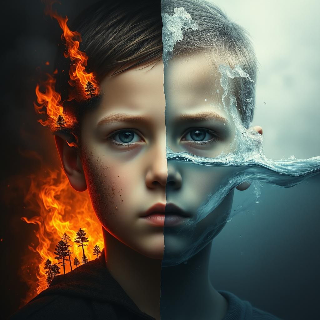 Divided Boy: Fire and Water Surreal Portrait