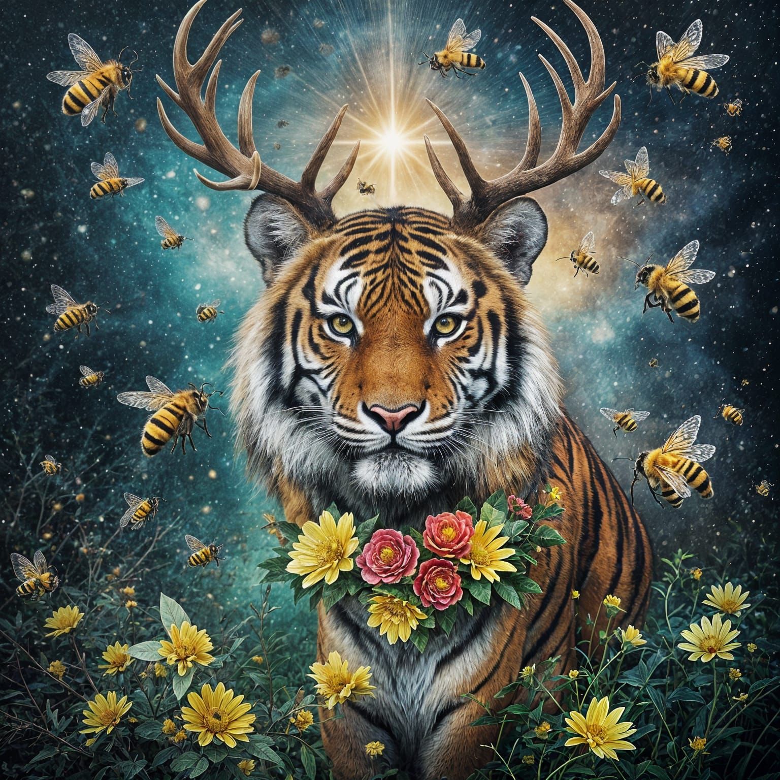 Tiger with Antlers and Bees: Cosmic Illustration