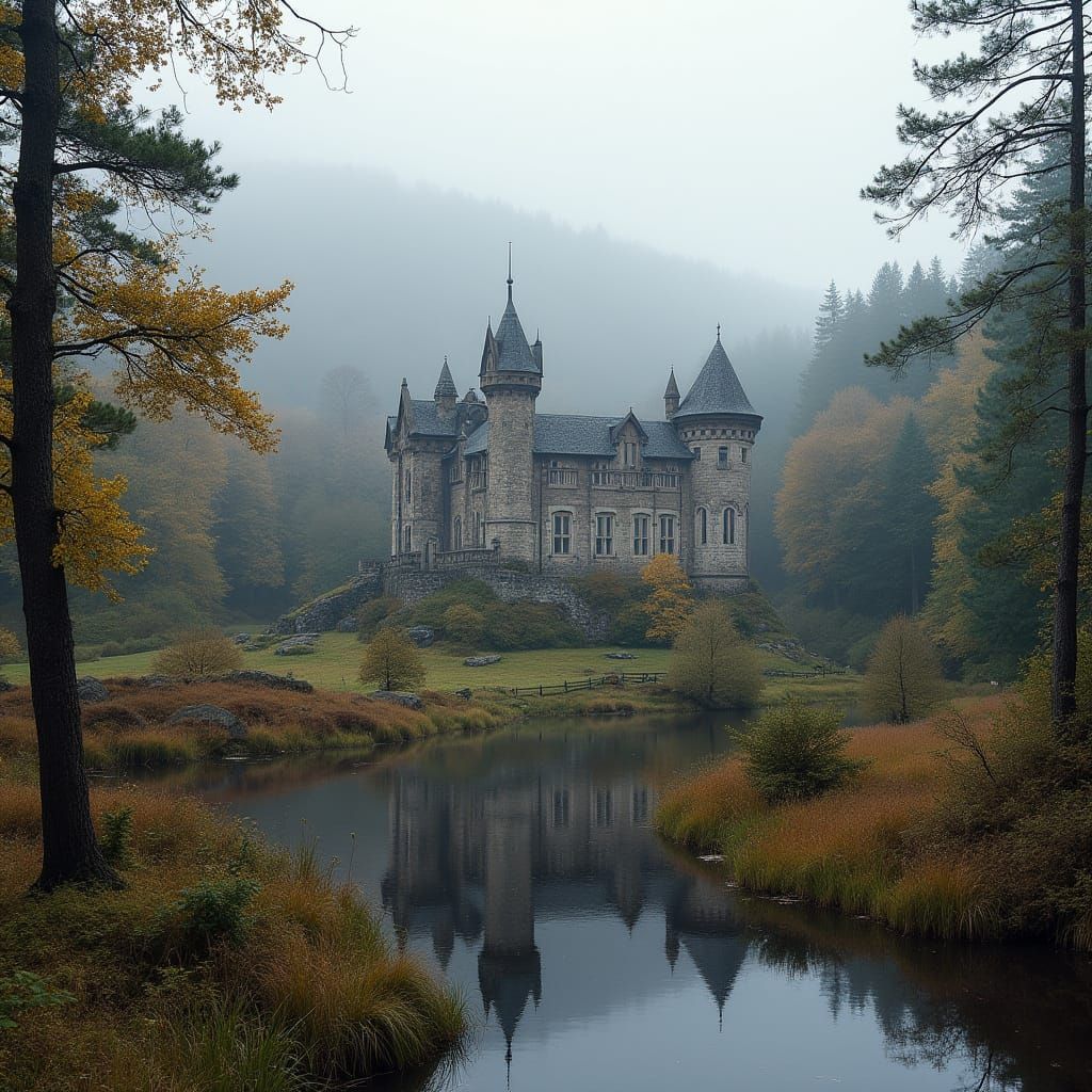 Majestic Scottish Castle Amidst Autumn Mist