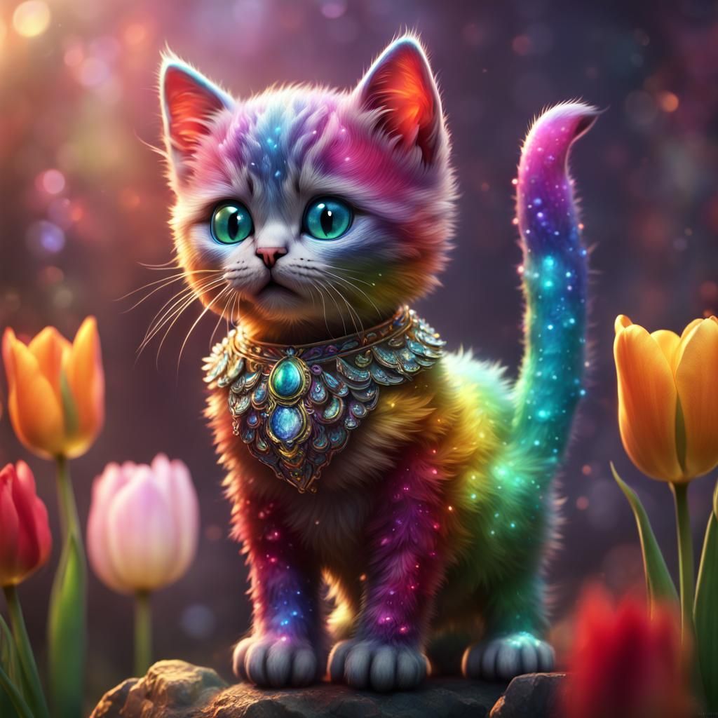 Jewel Kitten on Tulip: Fantasy Art in 8K