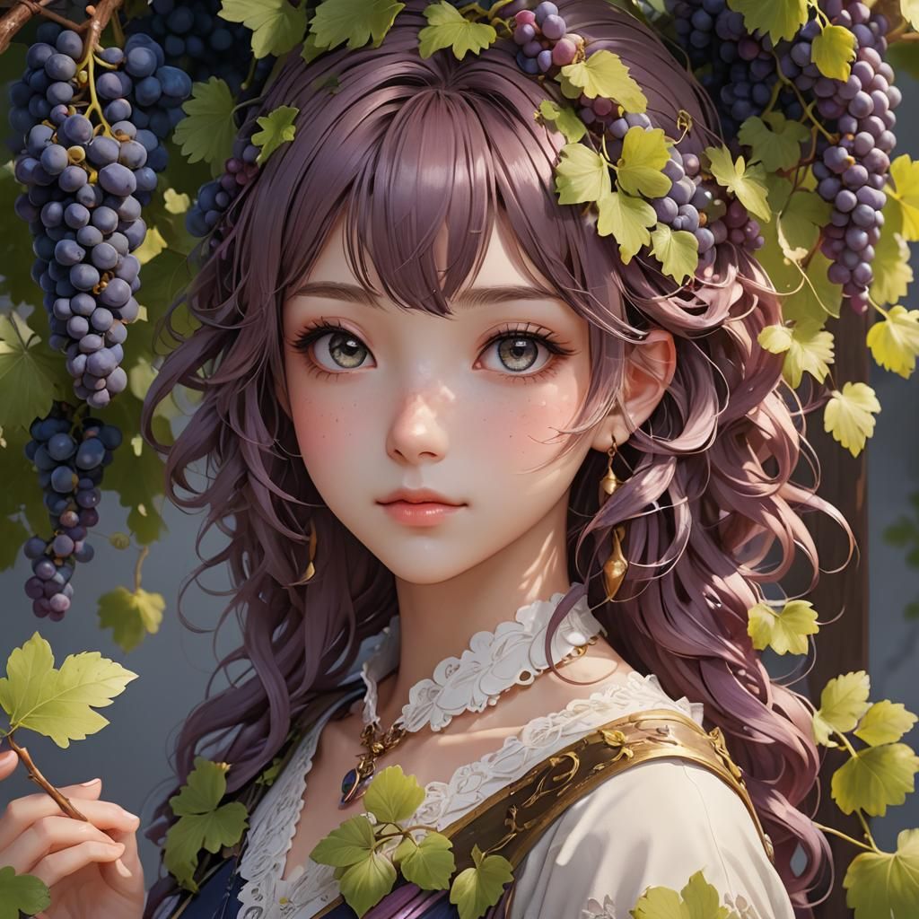 Cute Girl with Grapes Hair in 3D Anime Art