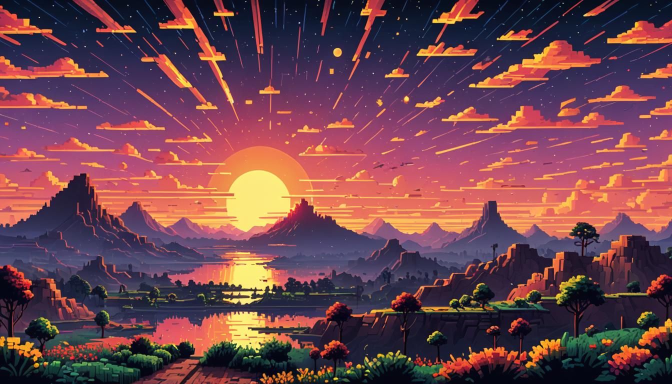 Pixel Art Sunrise Over Blocky 8-Bit Landscape