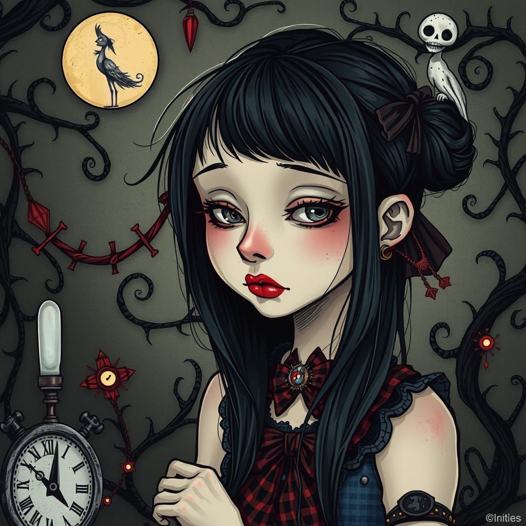 Whimsical Goth Girl Lost in Eerie Fantasy World