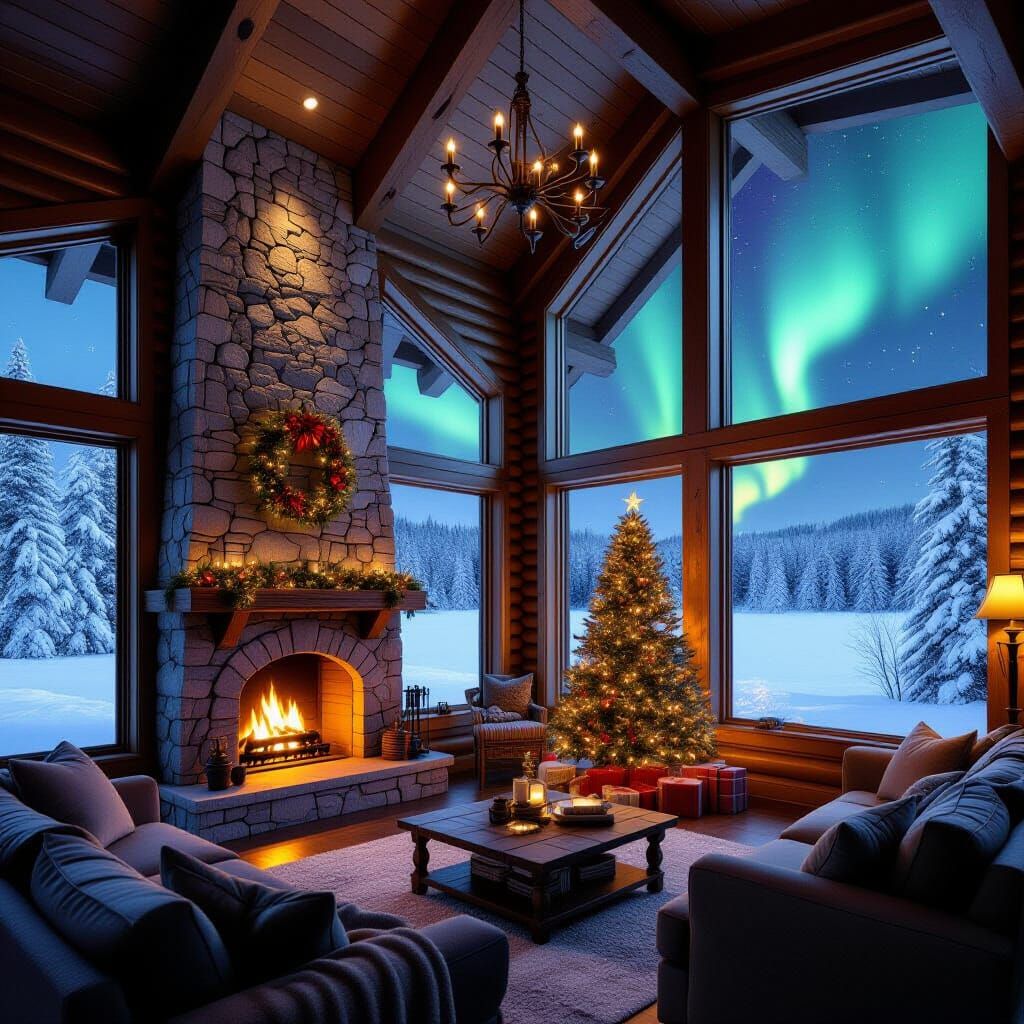 Cozy Christmas Log Cabin with Northern Lights