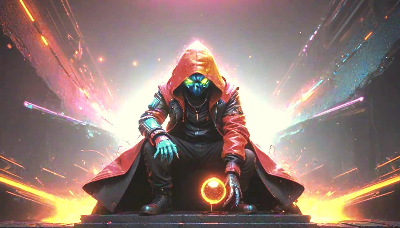 Glowing Red Button Ignites Chaos in Neon-Lit Cyberpunk Realm