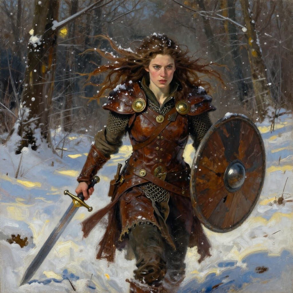Norse Goddess in Snowy Forest Oil Painting