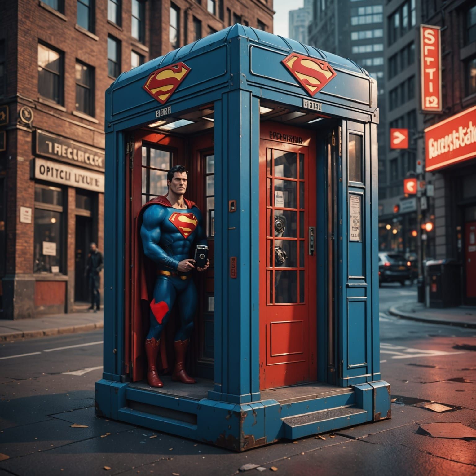 Superman in a cardboard box shaped like a phone booth