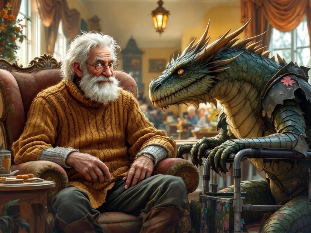 Elderly Knight and Dragon Reminisce in Whimsical Nursing Hom...