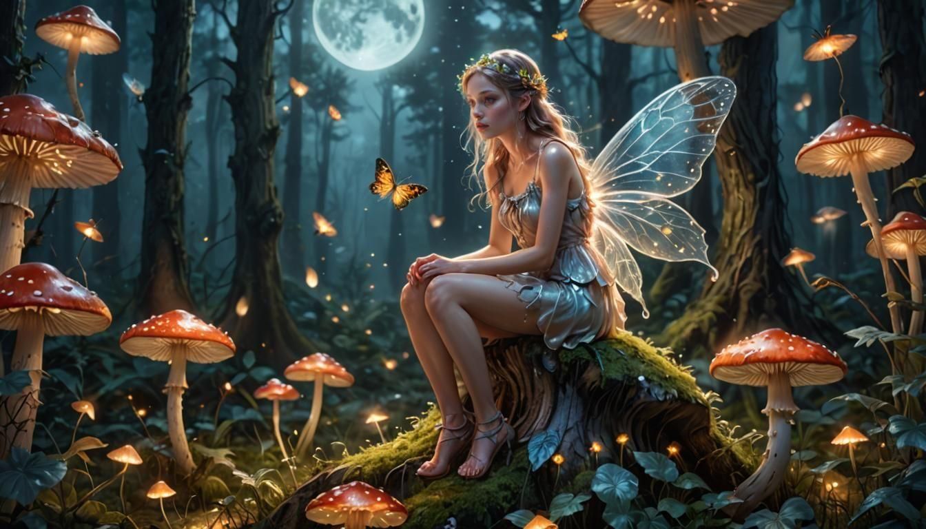 Moonlit Fairy on Mushroom in Hyperrealistic Style