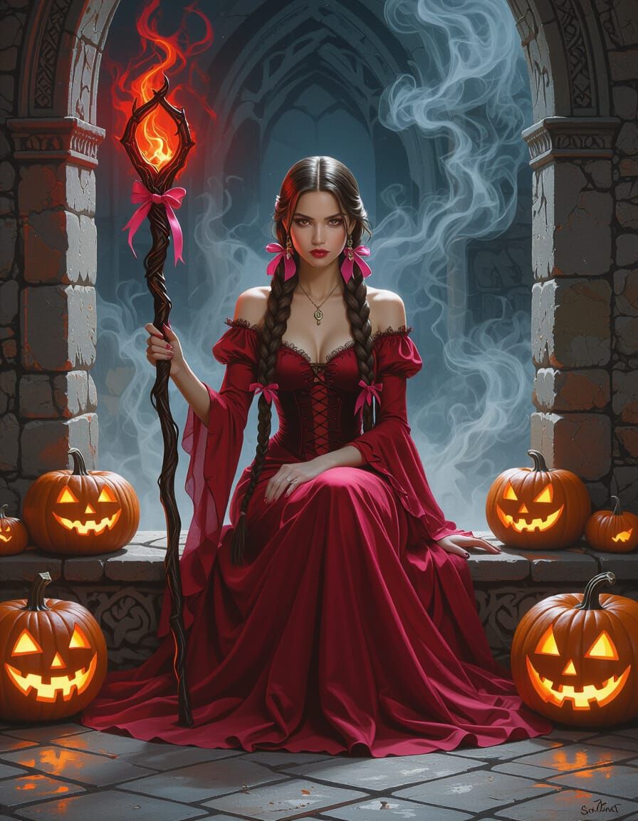Dark Fantasy Witch in Mist with Gothic Pumpkins