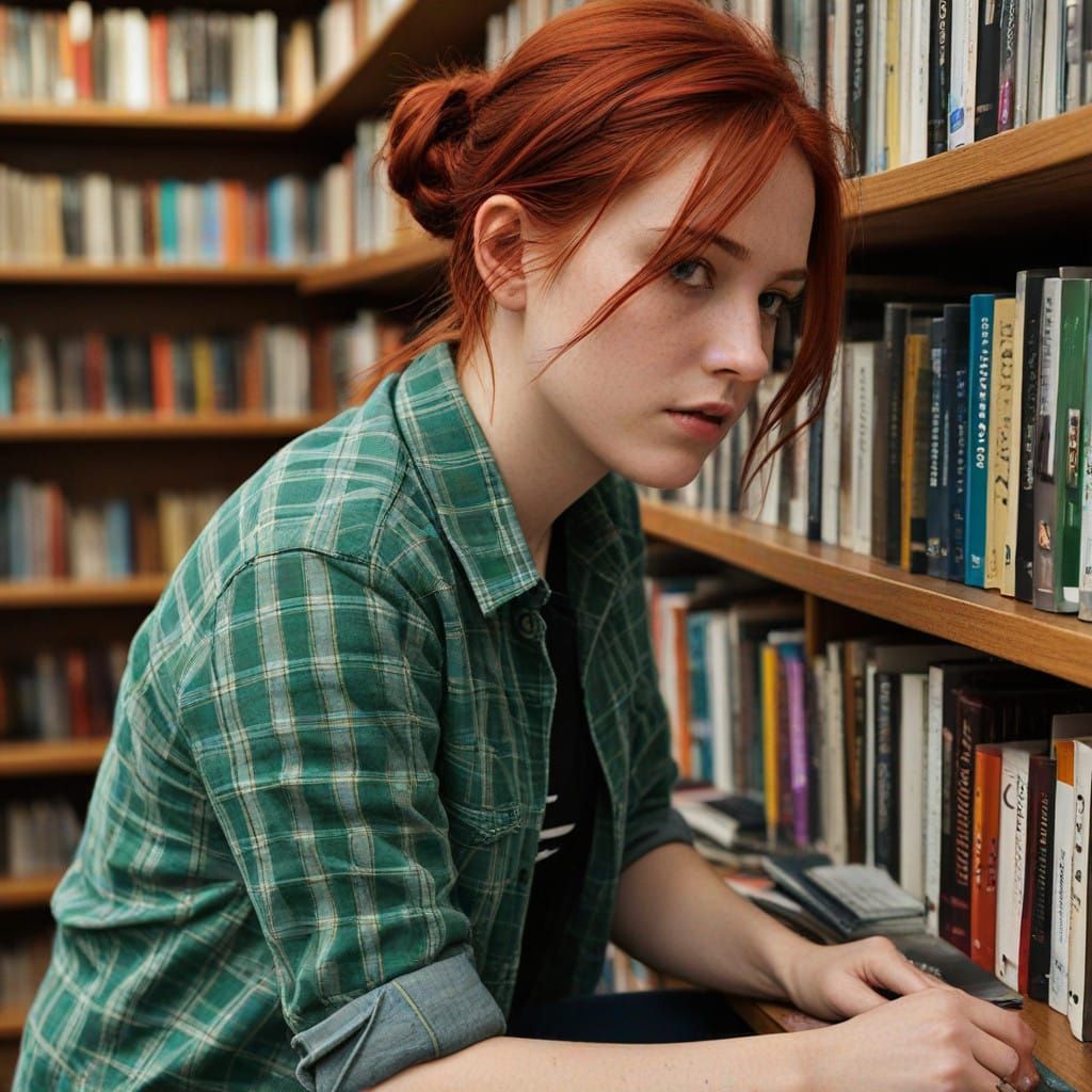 Trendy Teen Searches for Books in Moody Bookstore