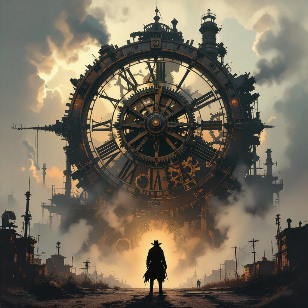 Cowboy Silhouetted Against Giant Steampunk Clockwork