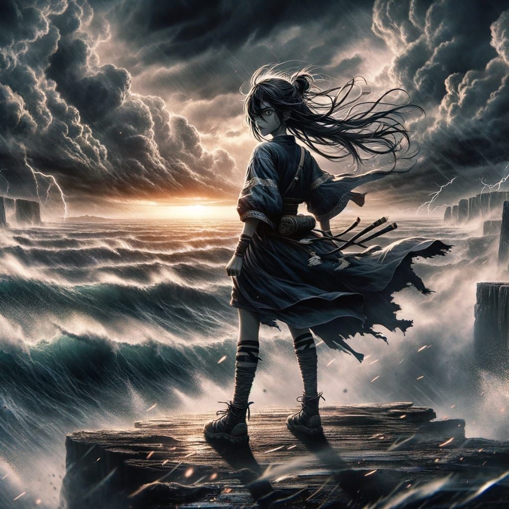 Determined South Asian Girl on Windswept Cliff