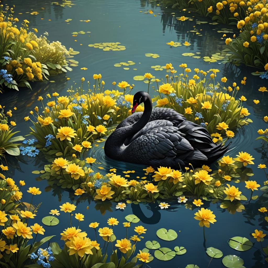 Black Swan Surrounded by Flowers: 3D Render