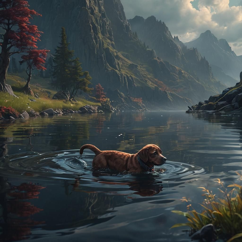 Puppy and Loch Ness Monster Friends, Digital Art