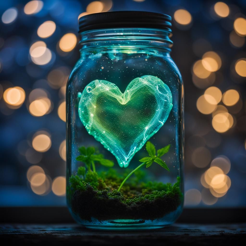 Bioluminescent Glass Heart in Jar, Night Photography