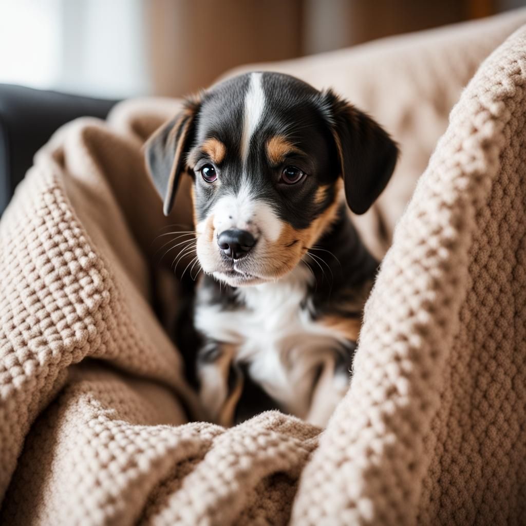 Puppy Gazing from Blanket on Armchair