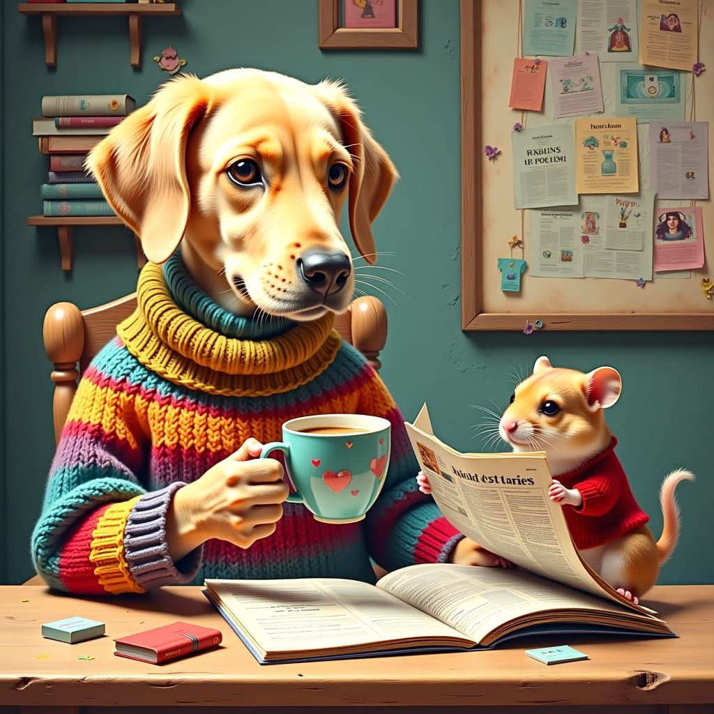 Whimsical Dog and Hamster Cafe Scene in Colorful Style