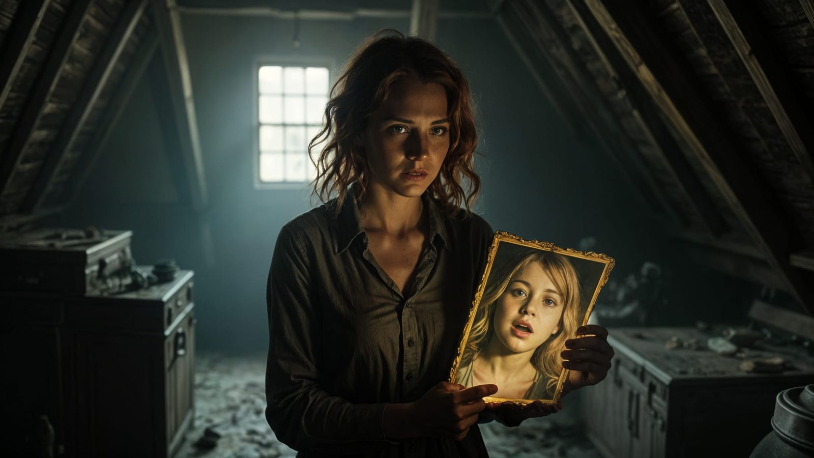 Woman in Attic Holding Sepia Photo in Low-Key Lighting