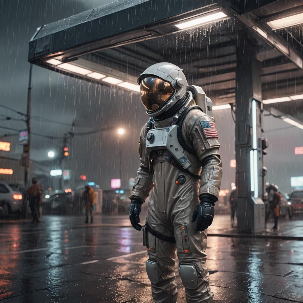 Rainy Sci-Fi Scene with Astronaut in Cyberpunk Style