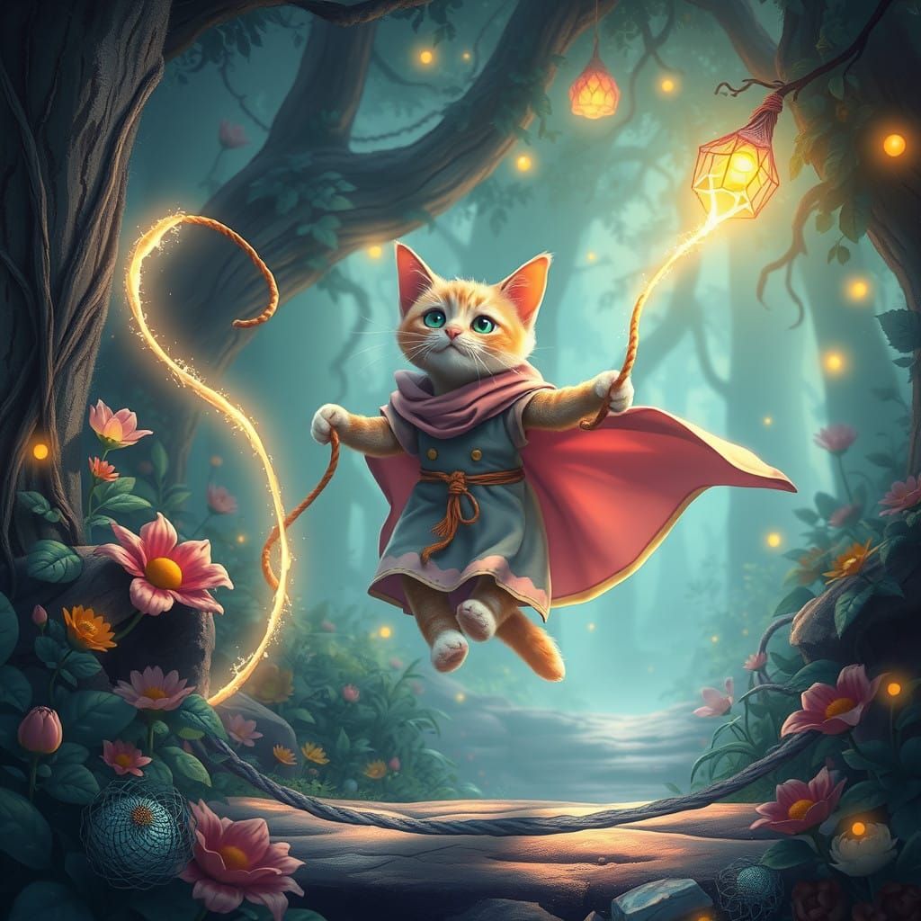 Whimsical Cat Leaps Through Enchanted Forest