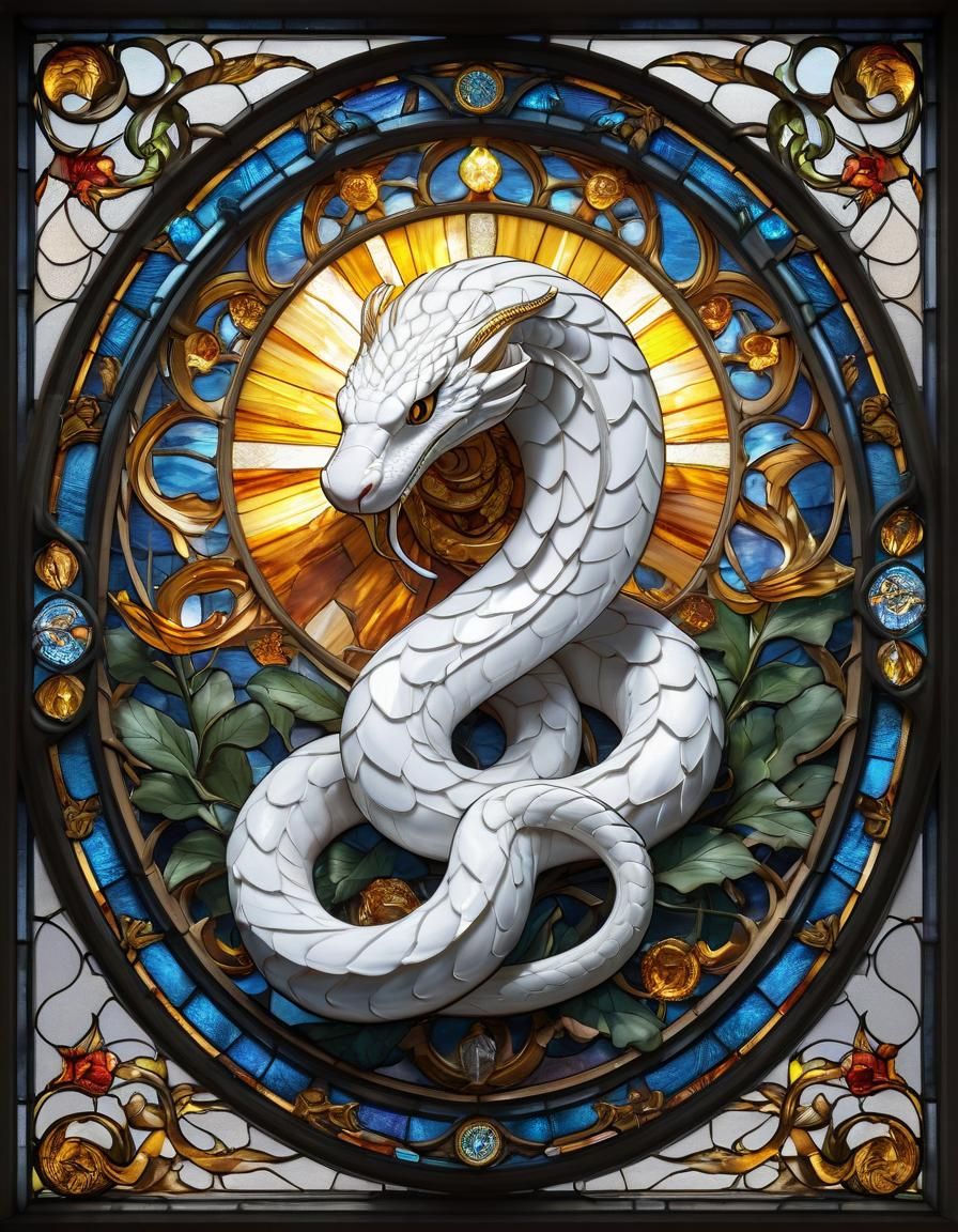Stained Glass Snake with Halo and Solar Imagery